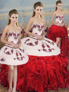 White And Red Sleeveless Floor Length Embroidery and Ruffles and Bowknot Lace Up Sweet 16 Dress