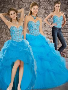 Baby Blue Sleeveless Beading and Pick Ups Lace Up Quince Ball Gowns