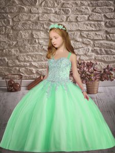 Best Apple Green Lace Up Straps Beading and Appliques Little Girls Pageant Dress Tulle Sleeveless