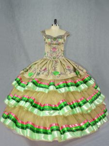 Olive Green Straps Neckline Embroidery and Ruffled Layers 15th Birthday Dress Sleeveless Lace Up
