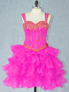 Straps Sleeveless Prom Party Dress Mini Length Beading and Ruffled Layers Fuchsia Organza