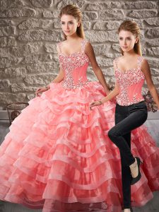 Traditional Watermelon Red Ball Gowns Straps Sleeveless Organza Court Train Lace Up Beading and Ruffled Layers Sweet 16 