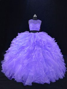 Lavender Two Pieces Scoop Sleeveless Organza Floor Length Zipper Beading and Ruffles Quinceanera Dress