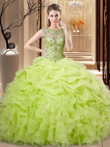 Popular Organza Scoop Sleeveless Lace Up Beading and Ruffles and Pick Ups Vestidos de Quinceanera in Yellow Green