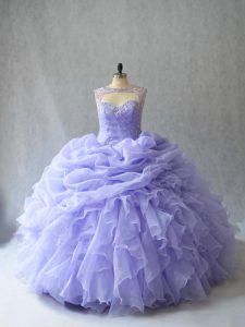 Lavender Organza Lace Up Scoop Sleeveless Sweet 16 Dress Brush Train Beading and Ruffles and Pick Ups
