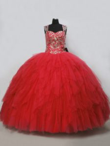 Modest Tulle Straps Sleeveless Lace Up Beading and Ruffles Quinceanera Dress in Red