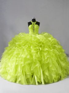 Suitable Yellow Green Sleeveless Brush Train Beading and Ruffles Quinceanera Gowns