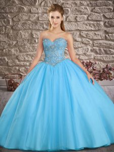 Elegant Sleeveless Brush Train Beading Lace Up Quince Ball Gowns