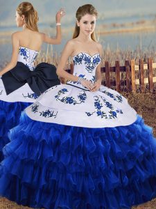 Wonderful Sleeveless Floor Length Embroidery and Ruffled Layers and Bowknot Lace Up 15th Birthday Dress with Royal Blue