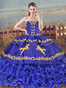 Blue Sweet 16 Dress Sweet 16 and Quinceanera with Embroidery and Ruffled Layers Sweetheart Sleeveless Brush Train Lace U