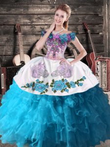 Stylish Embroidery and Ruffles 15 Quinceanera Dress Teal Lace Up Sleeveless Floor Length