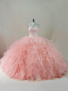 Peach Sleeveless Floor Length Beading and Ruffles Lace Up Sweet 16 Dresses