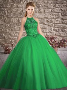 Modern Sleeveless Tulle Brush Train Lace Up Quince Ball Gowns in Green with Beading