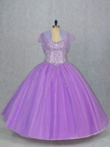Sweet Lavender Ball Gowns Beading Quinceanera Gown Lace Up Tulle Sleeveless Floor Length