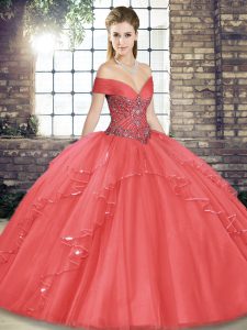 Simple Floor Length Ball Gowns Sleeveless Watermelon Red Quinceanera Gown Lace Up