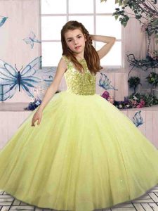 Hot Sale Yellow Green Tulle Lace Up Scoop Sleeveless Floor Length Little Girl Pageant Gowns Beading