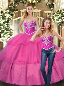 Hot Pink Lace Up Sweetheart Beading Ball Gown Prom Dress Tulle Sleeveless