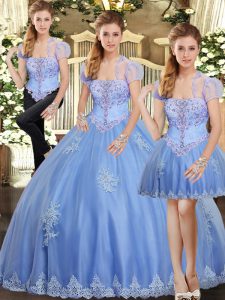 Customized Light Blue Sleeveless Beading and Appliques Floor Length 15 Quinceanera Dress