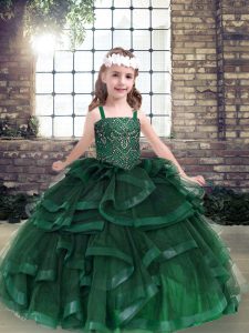Ball Gowns Kids Formal Wear Green Straps Tulle Sleeveless Floor Length Lace Up