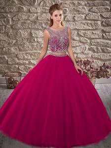 Fancy Fuchsia Two Pieces Tulle Scoop Sleeveless Beading Lace Up Quince Ball Gowns Brush Train