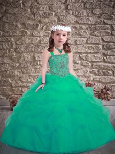 Customized Turquoise Ball Gowns Tulle Straps Sleeveless Beading and Pick Ups Floor Length Lace Up Little Girls Pageant D
