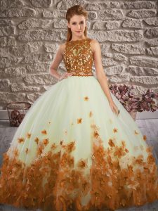 Spectacular Orange Red Backless Scalloped Lace and Appliques Sweet 16 Dress Tulle Sleeveless
