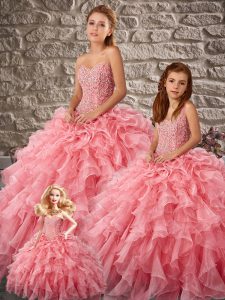 Sleeveless Organza Brush Train Lace Up Quinceanera Dress in Watermelon Red with Beading and Ruffles