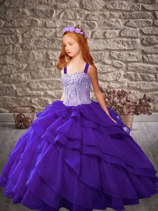 Dramatic Floor Length Purple Pageant Dress for Womens Straps Sleeveless Lace Up