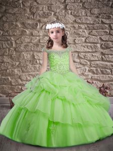 Ball Gowns Scoop Cap Sleeves Organza Sweep Train Lace Up Beading and Pick Ups Child Pageant Dress