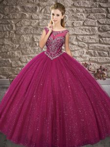 Most Popular Fuchsia Tulle Zipper Off The Shoulder Sleeveless Floor Length Quinceanera Gowns Beading
