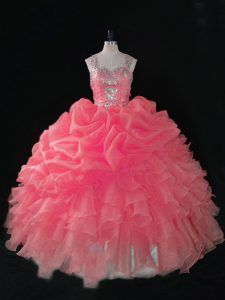 Super Beading and Ruffles and Pick Ups Ball Gown Prom Dress Baby Pink Zipper Sleeveless
