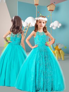 Glorious Floor Length Aqua Blue Girls Pageant Dresses Tulle and Lace Sleeveless Beading