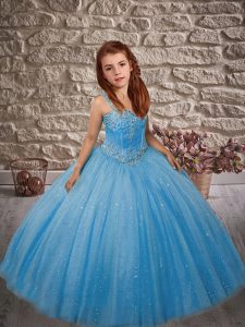 Fantastic Floor Length Baby Blue Little Girls Pageant Dress Straps Sleeveless Lace Up