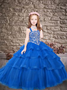 Inexpensive Lace Up High School Pageant Dress Royal Blue for Wedding Party with Embroidery and Ruffled Layers Sweep Trai
