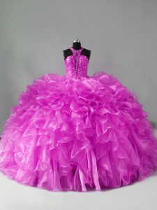 Halter Top Sleeveless Brush Train Zipper Ball Gown Prom Dress Lilac Organza