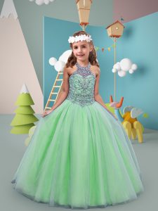Luxurious Green Lace Up Pageant Gowns For Girls Beading Sleeveless Sweep Train