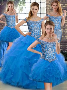 Tulle Off The Shoulder Sleeveless Brush Train Lace Up Beading and Ruffles Vestidos de Quinceanera in Blue