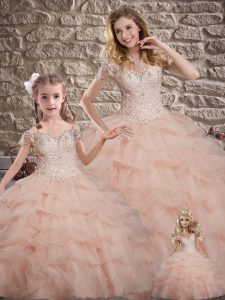 Sweet Pink Tulle Lace Up Vestidos de Quinceanera Sleeveless Sweep Train Lace and Pick Ups