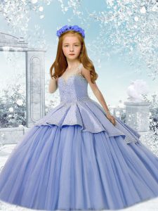 Lace Up Girls Pageant Dresses Lavender for Wedding Party with Beading Brush Train
