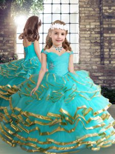 Fashionable Straps Sleeveless Lace Up Little Girls Pageant Dress Wholesale Aqua Blue Tulle