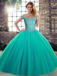 Turquoise Tulle Lace Up Ball Gown Prom Dress Sleeveless Floor Length Beading