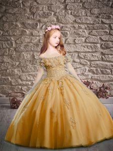 High Quality Off The Shoulder Short Sleeves Little Girls Pageant Dress Brush Train Appliques Gold Tulle