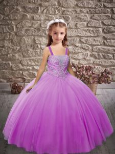 Lilac Ball Gowns Straps Sleeveless Tulle Floor Length Lace Up Beading Little Girls Pageant Dress