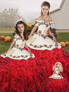 Great White And Red Organza Lace Up Off The Shoulder Sleeveless Floor Length Sweet 16 Dress Embroidery and Ruffles