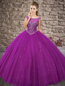 Shining Purple Tulle Zipper Off The Shoulder Sleeveless Floor Length Sweet 16 Dresses Beading