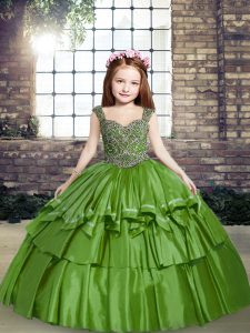 Straps Sleeveless Little Girls Pageant Dress Wholesale Floor Length Beading Green Taffeta