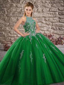 Green Ball Gown Prom Dress Tulle Brush Train Sleeveless Beading and Appliques
