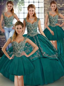 Teal Tulle Lace Up Straps Sleeveless Floor Length 15 Quinceanera Dress Beading and Embroidery