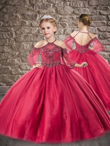 Trendy Red Ball Gowns Tulle Halter Top 3 4 Length Sleeve Beading and Lace Floor Length Zipper Custom Made Pageant Dress
