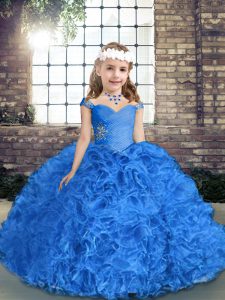 Royal Blue Sleeveless Beading and Ruching Floor Length Pageant Gowns For Girls